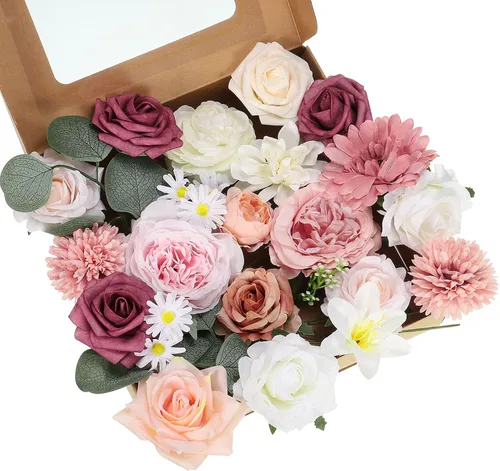 Vista 8 de PATIKIL Juego de cajas combinadas de flores artificiales, mezcla de seda con tallos de flores artificiales para ramos de bricolaje, decoración