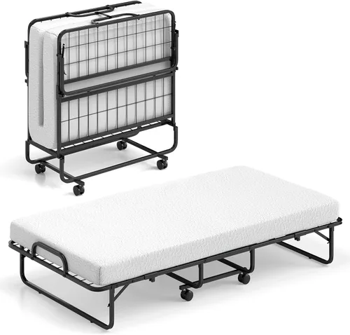 Vista 10 de Giantex Cama plegable individual con colchón, cama portátil enrollable con marco de metal resistente, cama plegable que ahorra espacio con colchón