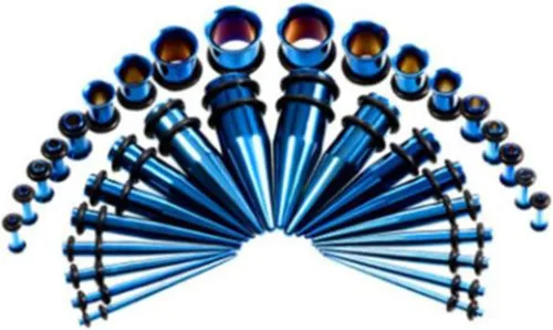 Vista 7 de Kit de estiramiento de calibre de oído de acero inoxidable y tapones Set 36 piezas 14G-00G Negro