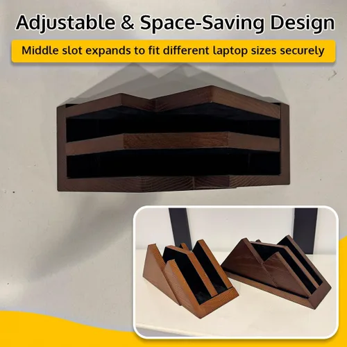 Vista 4 de Soporte vertical doble para laptop, 2 ranuras de madera, marrón oscuro (color nogal) - Soporte vertical para escritorio, MacBook Pro y Air
