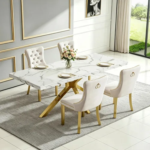 Vista 11 de Henf Mesa de comedor de mármol sintético blanco de 70 pulgadas para 4-6 personas, mesa de cocina rectangular moderna con mesa de mármol sintético