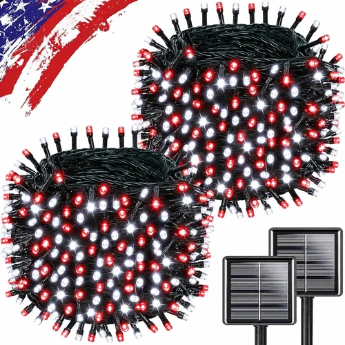 Vista 19 de Guirnalda de luces solares multicolor para exteriores, impermeables, 2 unidades, 200 LED, 66 pies, luces parpadeantes de encendido y apagado Luces