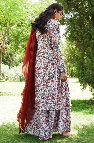Vista 7 de Janasya Conjunto Kurta Embellecido con estampado floral digital rosa Georgette para mujer