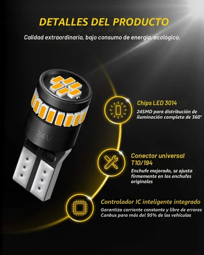 Vista 2 de AUXITO 194 Bombilla LED Ámbar Amarillo 168 2825 W5W T10 Cuña 24-SMD 3014 Chipsets Bombillas de Repuesto para Luces de Cúpula, Mapa, Placa