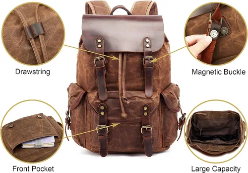 Vista 3 de HuaChen Mochila vintage de lona encerada con solapa de cuero genuino, mochila de viaje y trabajo, mochila resistente al agua con bolsillo antirrobo
