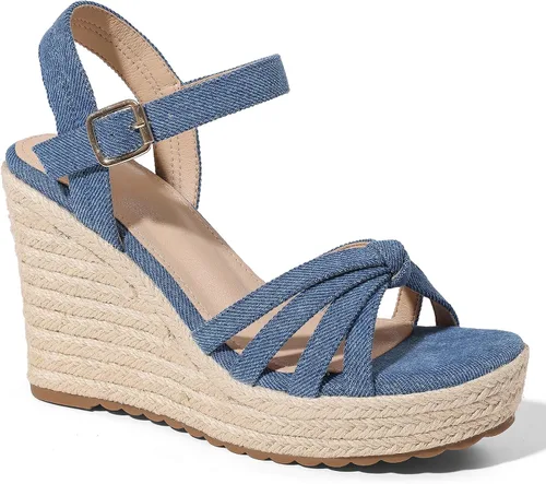Vista 7 de mikarka Sandalias de tacón de cuña para mujer: alpargatas con plataforma de Tacón de cuña de 3.94"/Nubuck negro