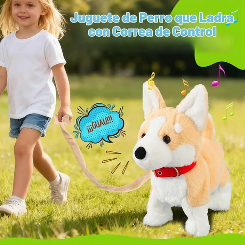 Vista 3 de HCdoujoy Perro Corgi juguete que camina y ladra, cachorro interactivo musical que canta y baila con control de volumen, camina con correa, menea
