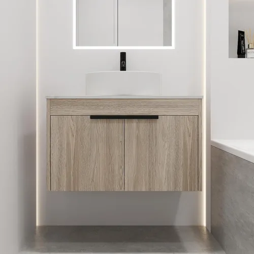 Vista 18 de Armario de tocador de baño de 24 pulgadas, tocador de baño flotante con lavabo de cerámica, moderno juego de tocador de baño colgante de roble