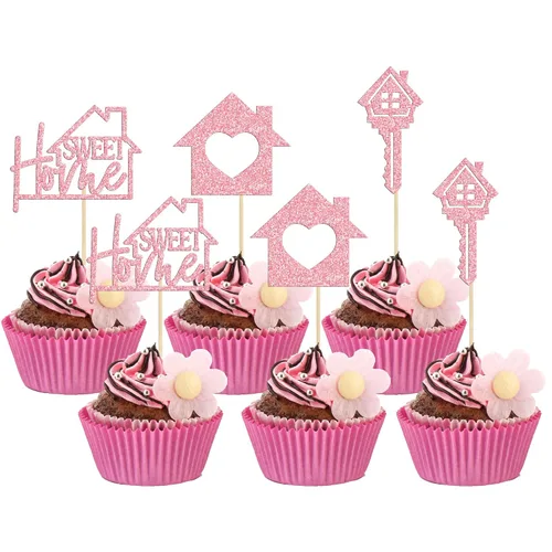 Vista 15 de Gyufise Paquete de 24 adornos para cupcakes Sweet Home con purpurina para inauguración de la casa, para bienvenida, nuevo hogar, fiesta temática