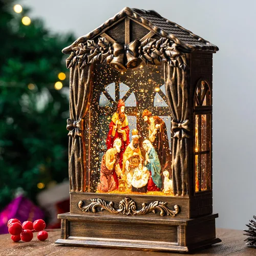 Vista 11 de Globo de nieve navideño iluminado con pesebre y escena del nacimiento, musical de la Sagrada Familia, agua y cuna con música silenciosa de la noche