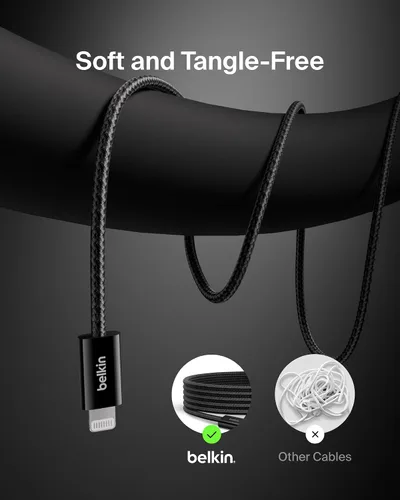 Vista 4 de Belkin Cable USB C con conector Lightning, 6.6 pies, cable de carga rápida suave, flexible, cable de carga Lightning para iPhone 14 y series Negro