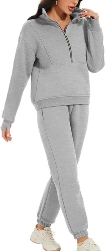 Vista 3 de PEHMEA Conjunto deportivo de 2 piezas de otoño para mujer, con forro polar, holgado, manga larga, media cremallera, cómodo conjunto de descanso