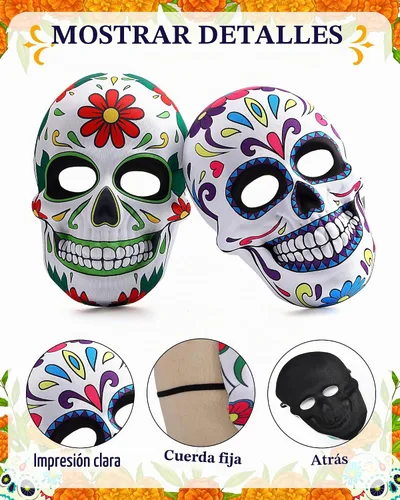 Vista 4 de RoundFunny 6/12 máscaras del Día de los Muertos para adultos Halloween