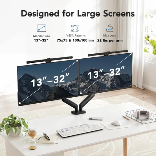 Vista 2 de HUANUO - Soporte de montaje de monitor dual, monta 2 pantallas de hasta 32 pulgadas, soporta 10 kg por brazo, soporte de monitor doble con excelente