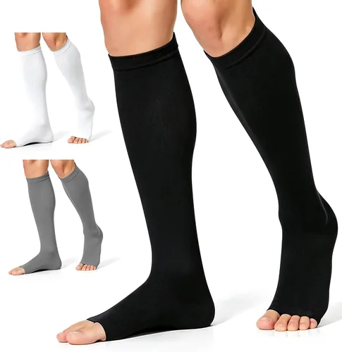 Vista 22 de CHARMKING 3 pares de calcetines de compresión de punta abierta para mujeres y hombres, circulación de 15-20 mmHg es el mejor apoyo para uso durante