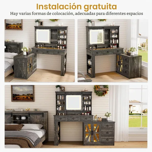Vista 6 de Lvifur Tocador de Estilo Granja con Espejo Deslizante y Luces, Mesa de Tocador con Superficie de Cristal y Almacenamiento de Joyas, Juego de Tocador