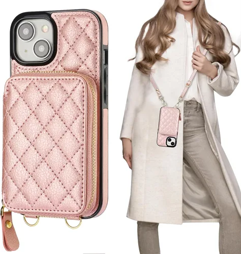 Vista 12 de Bocasal Funda tipo cartera con bandolera para iPhone 15, de cuero PU con bloqueo RFID, con cierre de cremallera, cartera tipo bolso con función