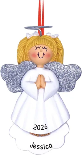 Vista 20 de Adorno de ángel personalizado 2025 – Adorno de ángel bebé rubio para niño, reloj de halo dorado, adornos de Navidad para bebé para alas de árbol