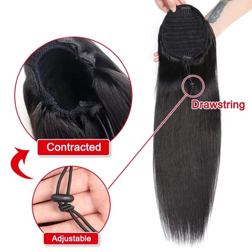 Vista 4 de Extensión de cola de caballo de cabello humano lacio con cordón para mujeres negras, color natural 1B, 12 pulgadas