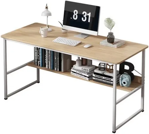 Vista 7 de Escritorio para computadora de oficina en casa con estantería, escritorio de madera de 43 pulgadas con estantes de almacenamiento, mesa moderna