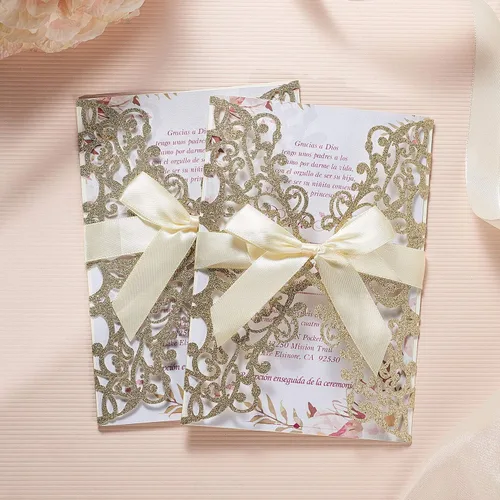 Vista 7 de AdasBridal 50 tarjetas de invitación de boda cortadas con láser con estampado floral, con sobre, hoja interior en blanco y cinta para boda Dorado
