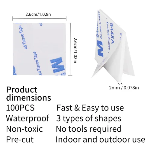 Vista 2 de 100 cintas de espuma de doble cara, cinta de montaje resistente, impermeable, extraíble, almohadilla adhesiva para automóvil, hogar, decoración