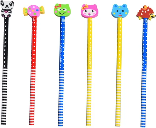 Vista 7 de QDXATIVP 28 lápices divertidos y lindos para niños, rayas coloridas con borradores de animales frutales surtidos, para escuela, oficina, aula