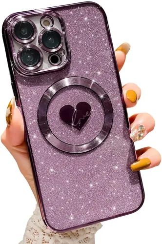 Vista 8 de Funda compatible con iPhone 11 Pro Max de 6.5 pulgadas con Magsafe, funda magnética de corazón chapado con purpurina para mujeres y niñas
