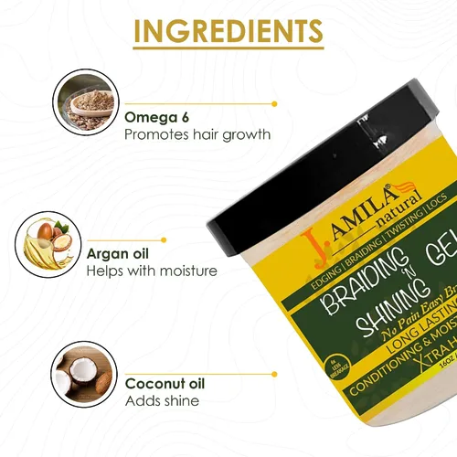 Vista 4 de J. AMILA Gel natural galardonado para trenzar y brillar de 16 onzas, sujeción extrema, hidratante y acondicionador para estilos suaves y duraderos