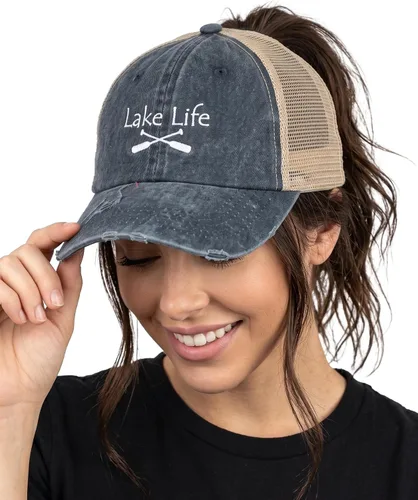 Vista 110 de Funky Junque - Sombrero de cola de caballo para mujer, gorra de béisbol con ajuste ajustable y cola de caballo alta cruzada para uso diario Paquete
