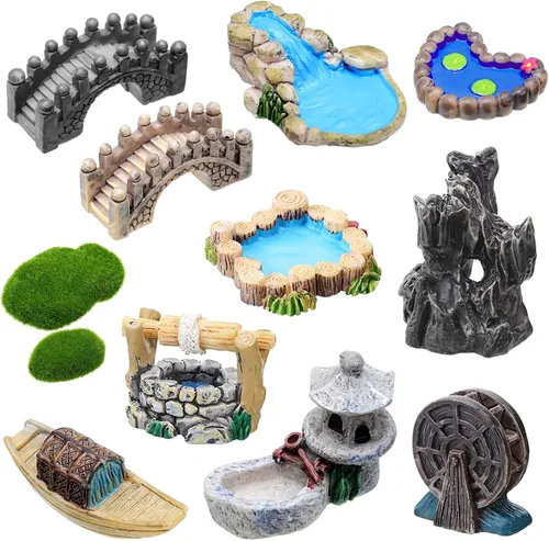 Vista 7 de Jetec 12 piezas de accesorios de jardín en miniatura, puente, mini faro, pozo de agua, figuritas de puente, figuritas de adorno para estanque