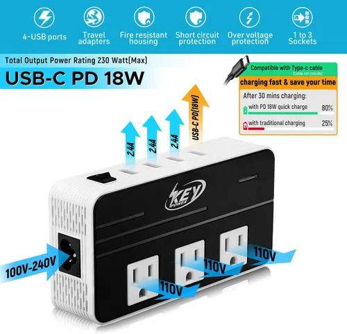 Vista 3 de Key Power Convertidor de voltaje reductor de 220 V a 110 V de 230 vatios y adaptador de viaje internacional/convertidor de corriente con puerto