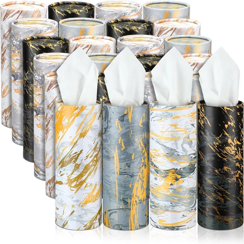 Vista 7 de Thenshop Paquete de 12 soportes para pañuelos de automóvil de 3 capas de tejido facial a granel mármol moderno, cilíndrico, cajas redondas de viaje