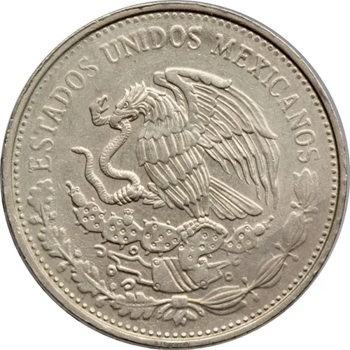 Vista 2 de 1980-1984 Mo 20 Peso Mexicano Moneda Jugador de Pelota Azteca, Moneda Celebrando Cultura Nativa. 20 Peso Calificado Por Vendedor Condición Circulada