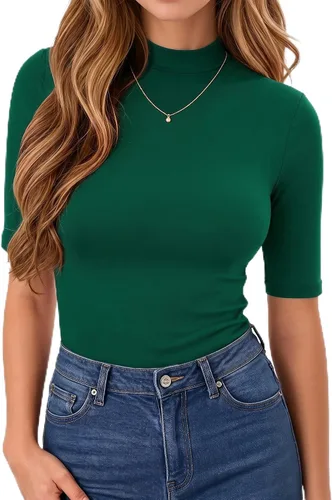 Vista 27 de MANGOPOP - Camiseta de cuello alto falso de manga 3/4 ajustada para mujer 03 Negro