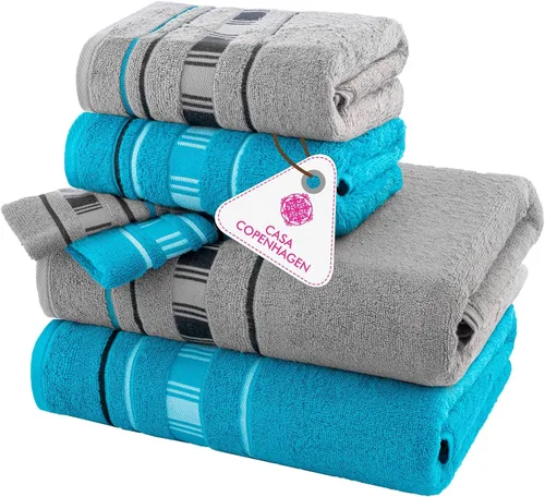 Vista 54 de CASA COPENHAGEN Exotic - Juego de 6 toallas de diseño de 100% algodón egipcio, color azul aguamarina, 550 GSM, 2 toallas de baño, 2 toallas de baño