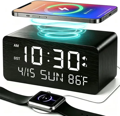 Vista 14 de Reloj despertador digital de madera de bambú premium con cargador de teléfono inalámbrico, puertos de carga USB duales, pantalla LED regulable