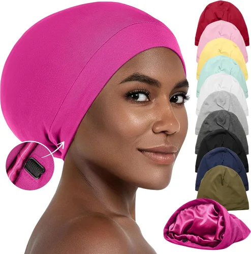 Vista 16 de CAPLORD Gorro de satén para dormir, envoltura de pelo rizado para hombres, gorros de seda ajustables para mujeres, gorro de seda para el cabello