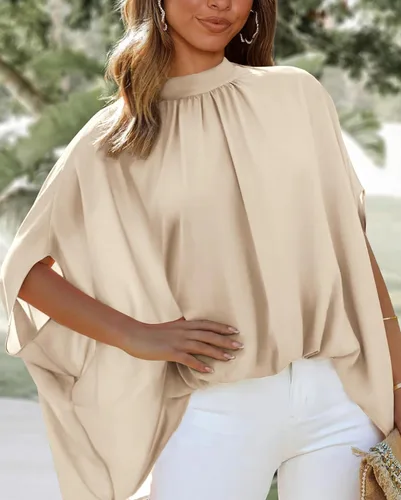 Vista 120 de BTFBM Blusas de verano para mujer, cuello alto falso, manga murciélago, holgadas, dobladillo alto y bajo, blusas informales de gran