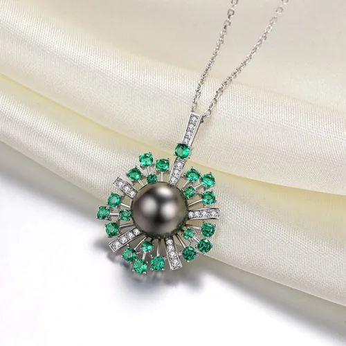 Vista 3 de VIKI LYNN 0.394-0.433 in AAA Negro Tahití Cultivado Perla Colgante Collar Joyería para Mujeres con Espinela Verde, Plata esterlina Perla Zirconia