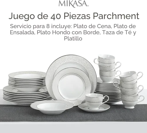 Vista 4 de Mikasa Parchment - Juego de vajilla de 40 piezas, servicio para 8, platos de porcelana duraderos, cuencos y tazas con diseño contemporáneo, apto