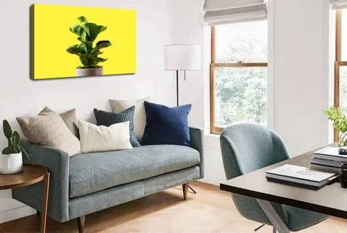 Vista 3 de Cuadro impreso en lienzo para pared, pintura de una hoja de violín, higos o ficus lyrata con hojas verdes brillantes grandes enmarcadas y estiradas