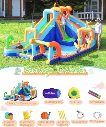 Vista 6 de AirMyFun Casa inflable de dinosaurio, tobogán acuático inflable de 2 toboganes para niños con pared de escalada, pozo de pelotas y portería