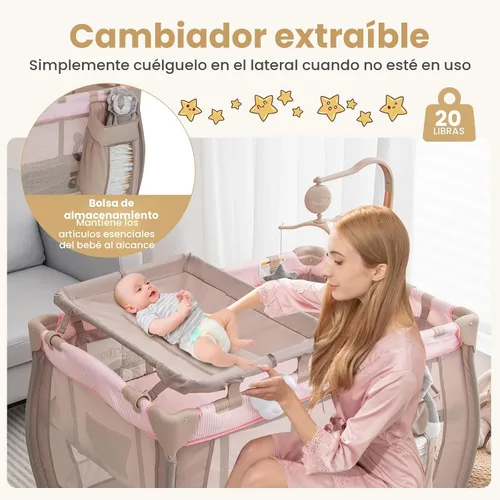 Vista 4 de Costzon 3 en 1 Rosa Pack and Play con Moisés, Corralito Portátil para Bebé con Mesa Cambiadora, Caja de Música, Juguetes Giratorios, Ruedas/Freno