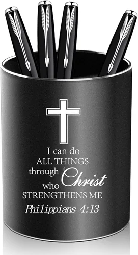 Vista 6 de Regalos cristianos, soporte de metal para bolígrafo, soporte de aluminio para escritorio, organizador de escritorio redondo y taza de lápiz negra