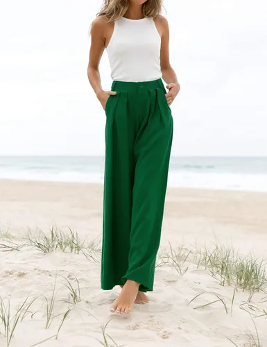 Vista 3 de Pantalones palazzo de cintura alta para mujer, estilo casual, pierna ancha, pantalones de vestir para mujer, pantalones de trabajo con bolsillos