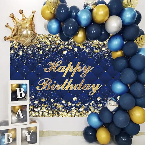 Vista 7 de Renaiss Telón de Fondo Banner de Feliz Cumpleaños de 5x3 pies Diamantes Reales Dorado Azul Fondo de Fotografía para Hombres Mujeres Fiesta