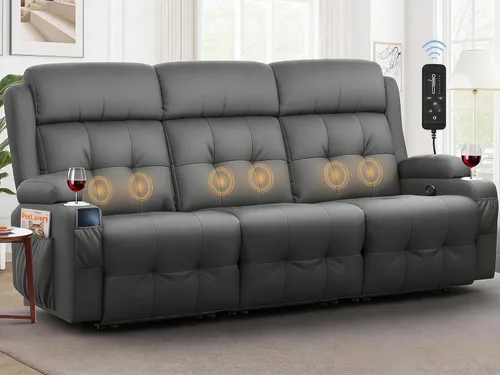 Vista 40 de Sofá reclinable manual de dos plazas, sofá reclinable de pared con masaje, puertos USB y tipo C, almacenamiento, portavasos, sofá RV para sala