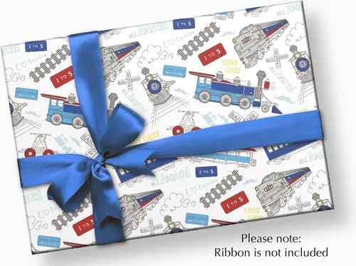 Vista 3 de Papel de regalo para fiesta de cumpleaños de tren – Plegado plano 30 x 20 pulgadas (3 hojas)