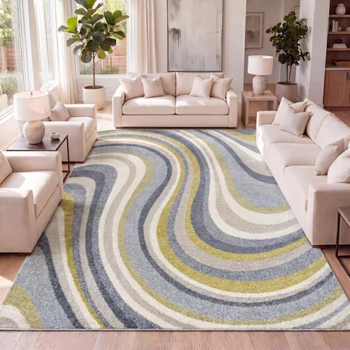 Vista 9 de JONATHAN Y Flow - Alfombra abstracta de 2 x 8 pulgadas, azul/mostaza/gris, moderna, costera, fácil de limpiar, para sala de estar, dormitorio